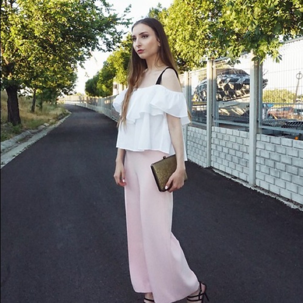 ZARA white ruffle bardot top with black straps